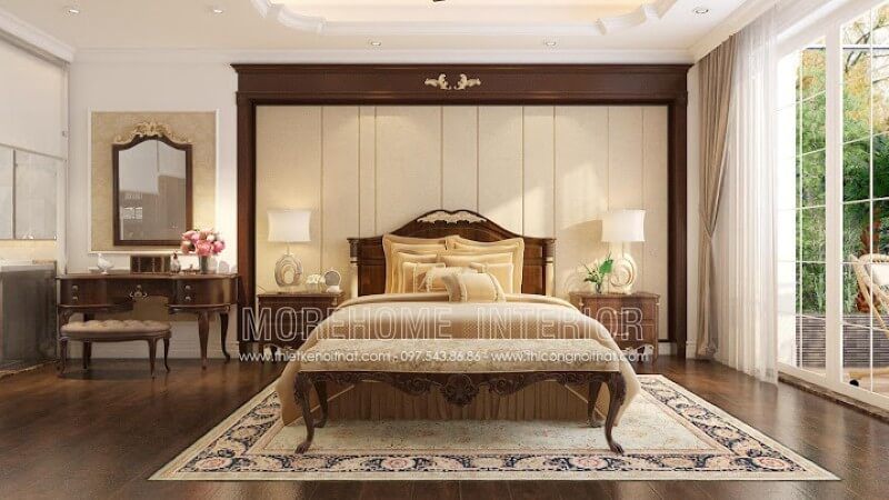 Mẫu thiết kế giường gỗ óc chó phong cách tân cổ điển đẹp đẳng cấp cho phòng ngủ biệt thự