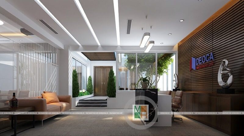 Thiết kế nội thất quầy lễ tân văn phòng công ty Đèo Cả đẹp với cách bố trí đồ nội thất hợp lí