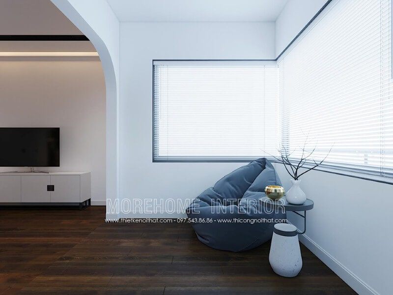 Ghế lười màu xám và bàn nhỏ xinh xắn đã đảm bảo tính năng và tạo nên vẻ đẹp thẩm mỹ, giúp không gian trở nên rộng rãi.